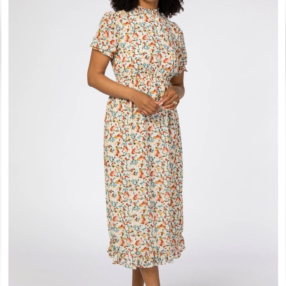 Ivory Floral Mock Neck Midi Dress
